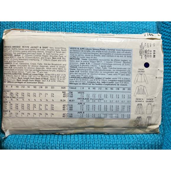 Vogue Pattern 7165 suit blazer straight skirt swing skirt size 6 8 - Picture 3 of 6